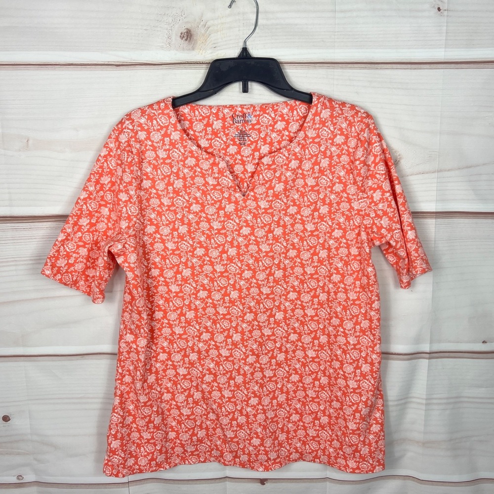 Croft & Barrow Top‎ Womens Large Orange Floral T-Shirt Cotton Notch Neck Knit